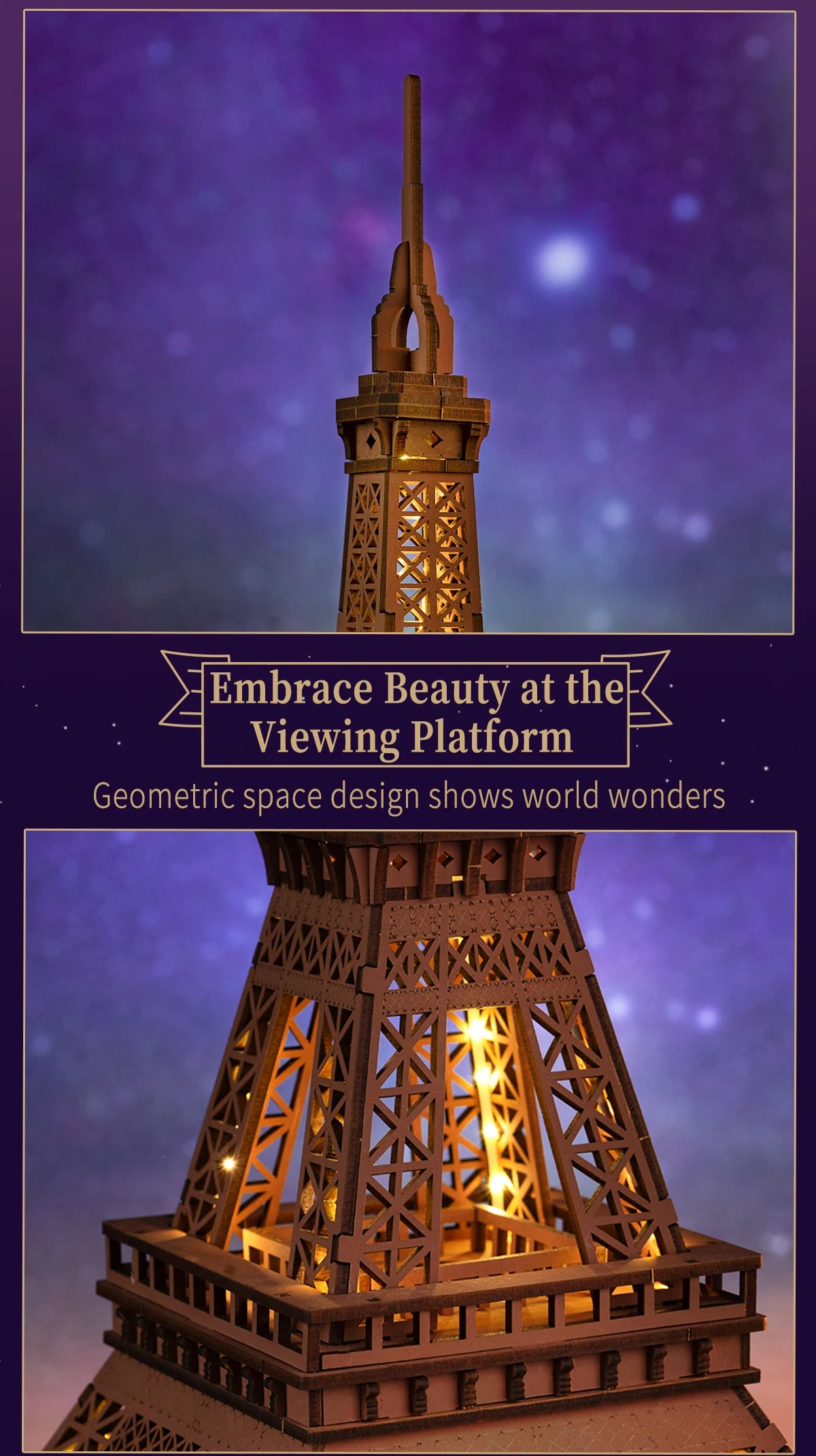 Robotime „Night of the Eiffel Tower“ – 3D Holzpuzzle mit Licht | Eiffelturm Modellbausatz 1:638 für Erwachsene & Kinder
