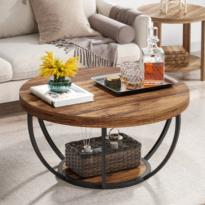 Tribesigns round coffee table Ø 80 cm – 2-tiered industrial-style sofa table with wood look and metal frame