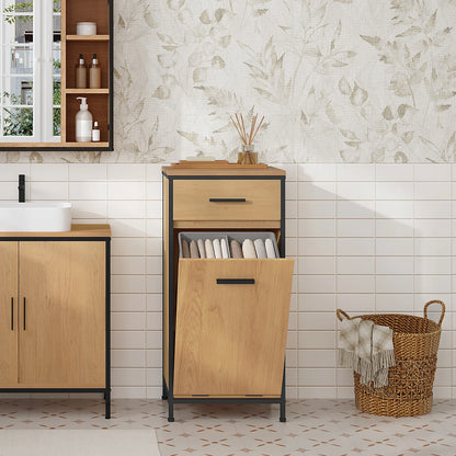 Meuble de salle de bain avec panier à linge et tiroirs, chêne/noir 80 cm