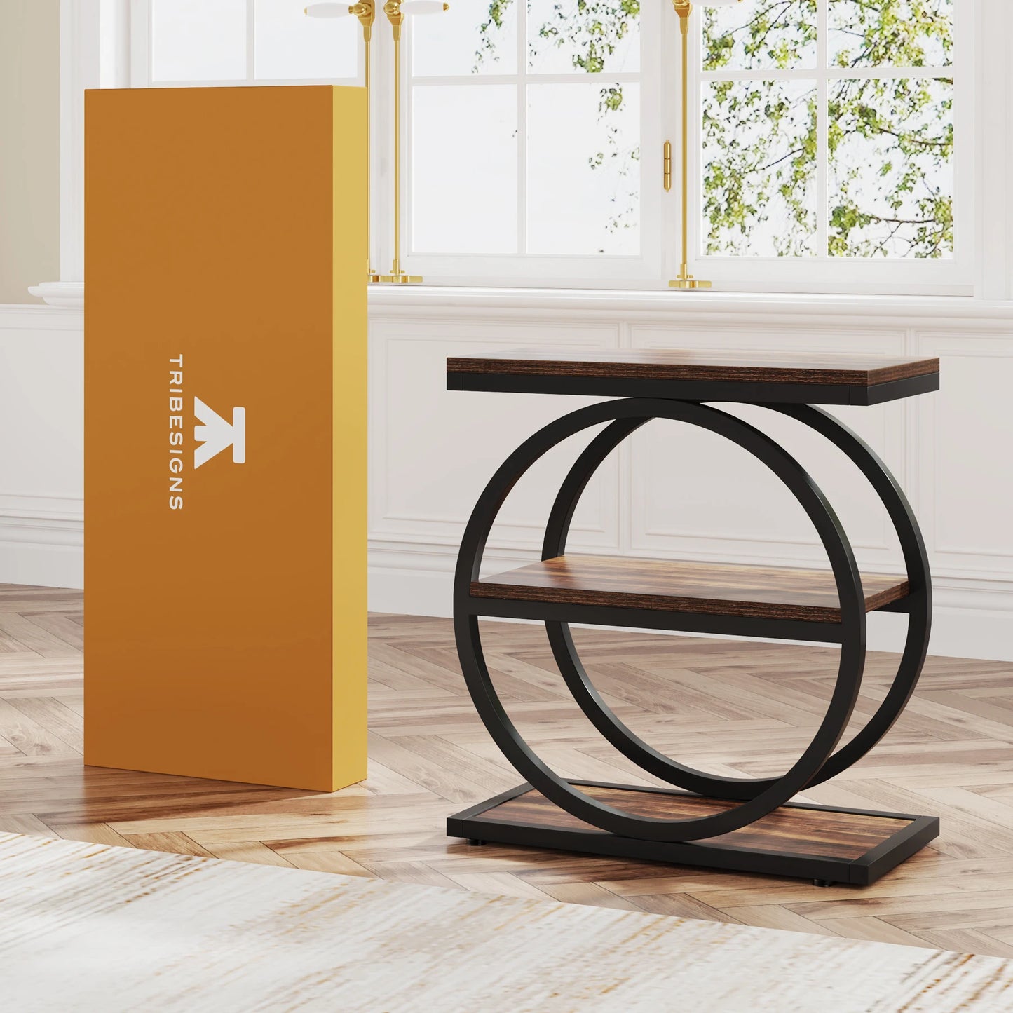 Tribesigns Side Table with 3 Storage Compartments – Narrow Industrial Style Sofa Table, Wood &amp; Metal, 60 cm High