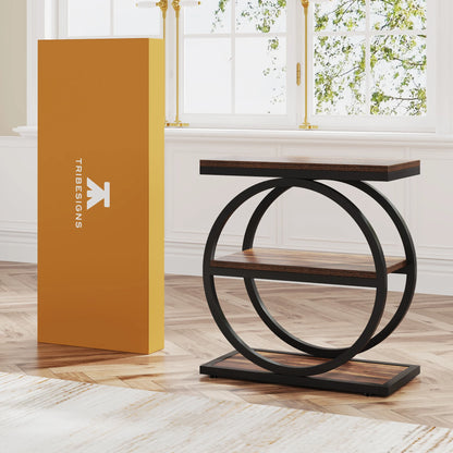 Tribesigns Side Table with 3 Storage Compartments – Narrow Industrial Style Sofa Table, Wood &amp; Metal, 60 cm High