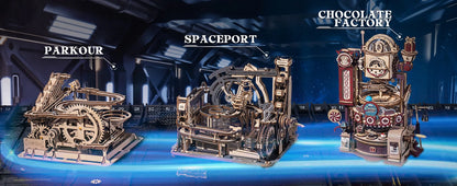 Robotime ROKR Marble Spaceport – Elektrisches 3D-Holzpuzzle mit Kugelbahn | Modellbausatz für Erwachsene & Teenager