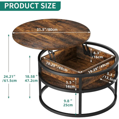 Runder Couchtisch mit Liftfunktion & Stauraum – Multifunktionaler Wohnzimmertisch mit verstecktem Fach, 80 cm, Braun