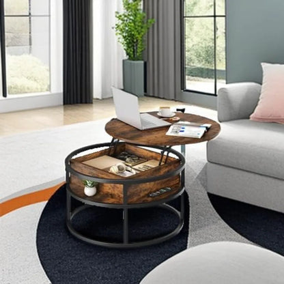 Runder Couchtisch mit Liftfunktion & Stauraum – Multifunktionaler Wohnzimmertisch mit verstecktem Fach, 80 cm, Braun