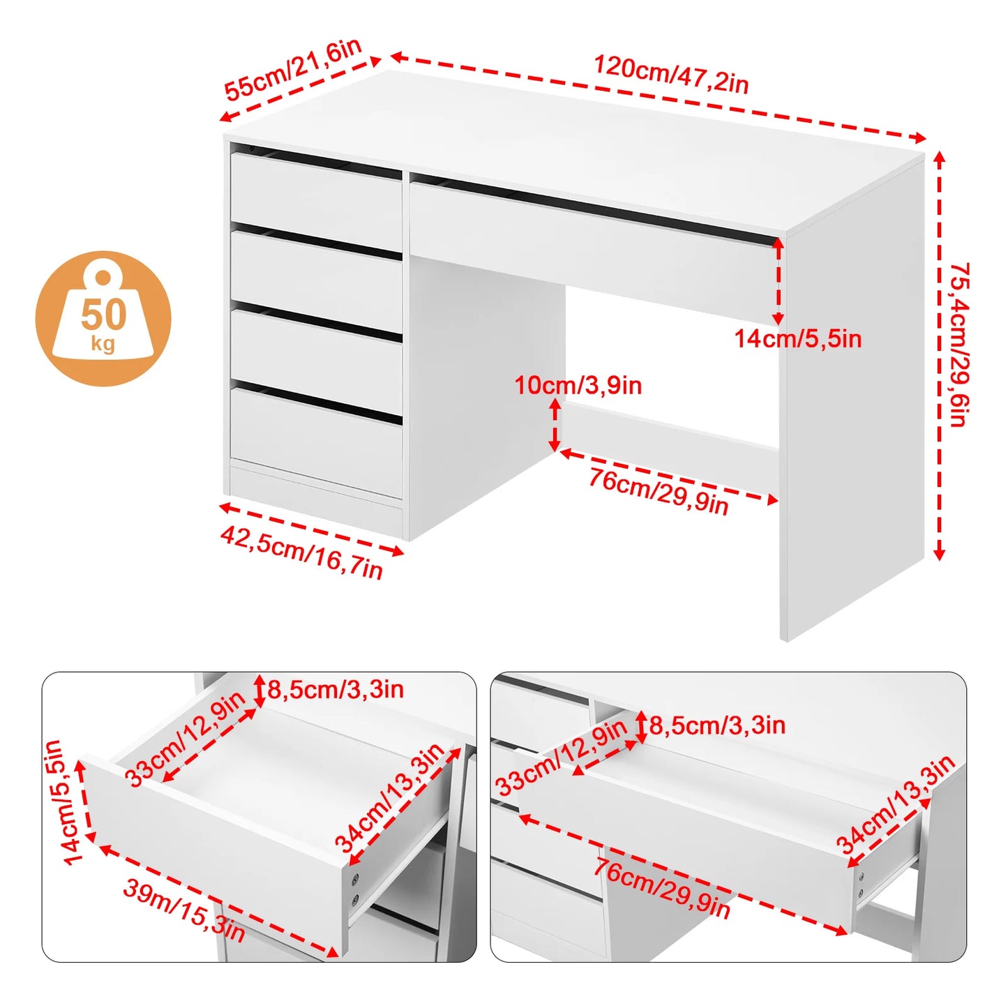 Weißer Computertisch mit 5 Schubladen 120 x 55 cm Schreibtisch Bürotisch Schminktisch ohne Spiegel