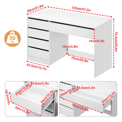 Weißer Computertisch mit 5 Schubladen 120 x 55 cm Schreibtisch Bürotisch Schminktisch ohne Spiegel
