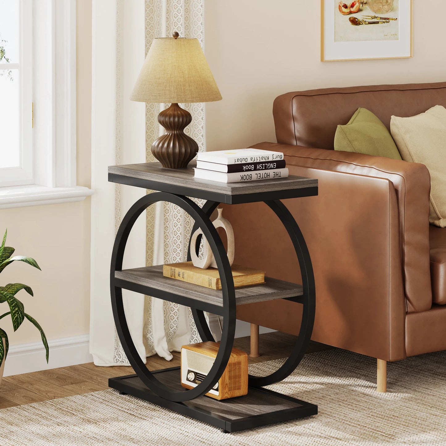 Tribesigns Side Table with 3 Storage Compartments – Narrow Industrial Style Sofa Table, Wood &amp; Metal, 60 cm High