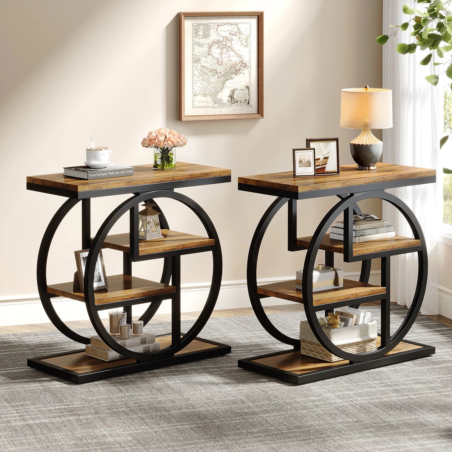 Tribesigns Side Table with 3 Storage Compartments – Narrow Industrial Style Sofa Table, Wood &amp; Metal, 60 cm High