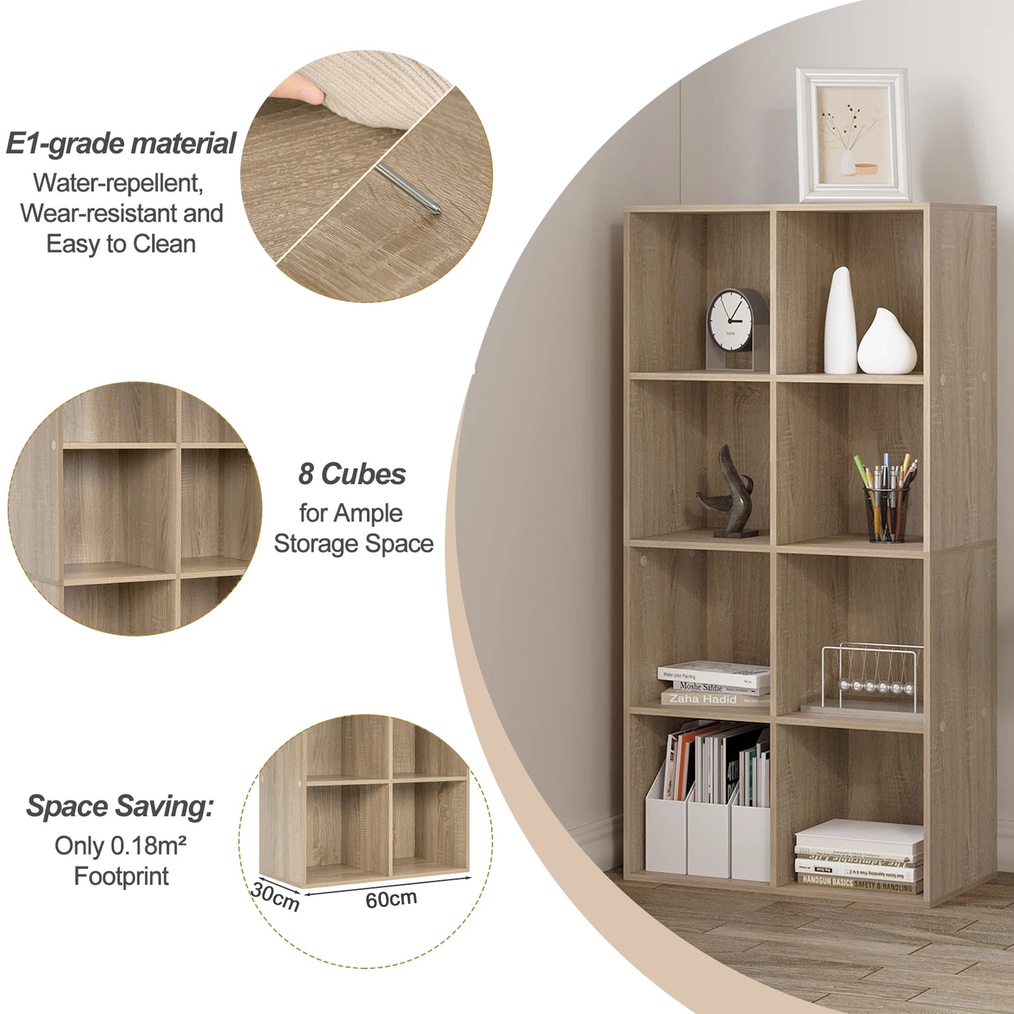 Bookcase with 8 compartments – freestanding &amp; modern – in white or oak