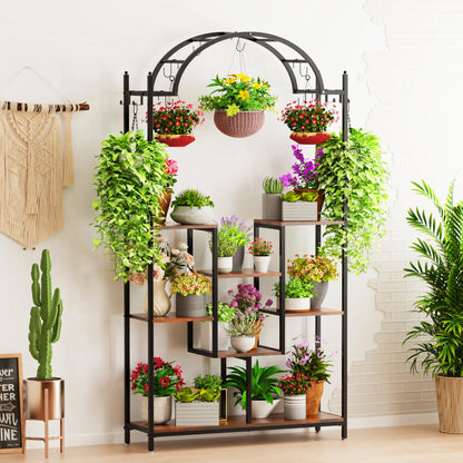 Grand support à plantes 5 niveaux en métal et bois, 190 cm, intérieur et jardin, vintage