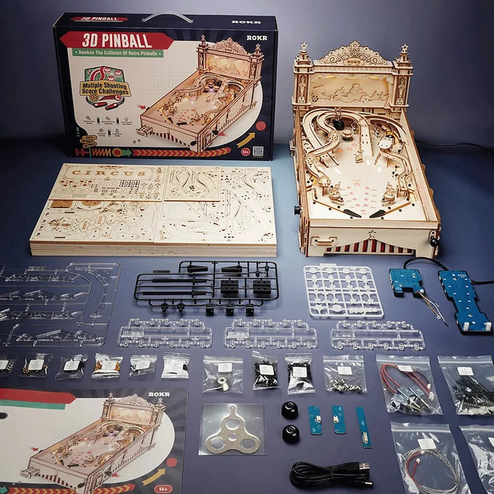 Robotime ROKR 3D Flipperautomat aus Holz – DIY Pinball-Spiel im Vintage-Stil | Bausatz für Kinder & Erwachsene