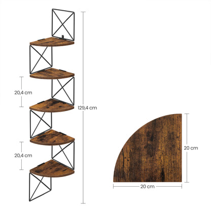 Étagère d'angle VASAGLE Zigzag – 5 niveaux, étagère murale vintage marron-noir, hauteur 127 cm
