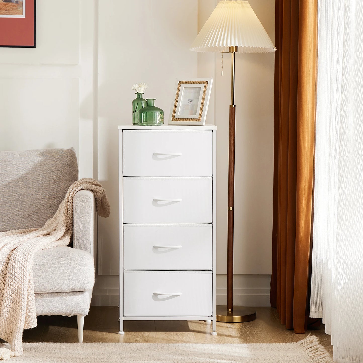 Meuble de salon JHK avec 4 tiroirs en tissu – structure en acier, peu encombrant et moderne