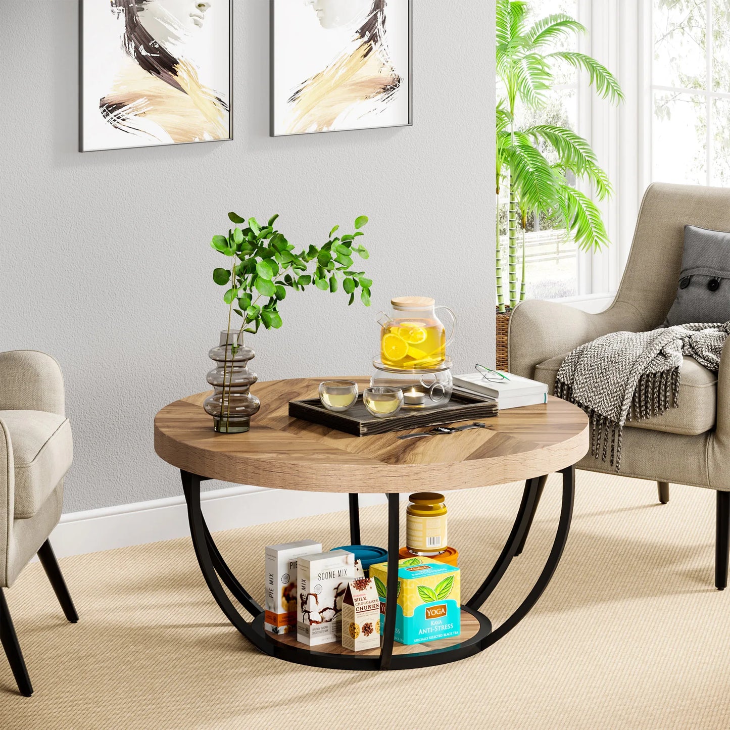 Tribesigns round coffee table Ø 80 cm – 2-tiered industrial-style sofa table with wood look and metal frame