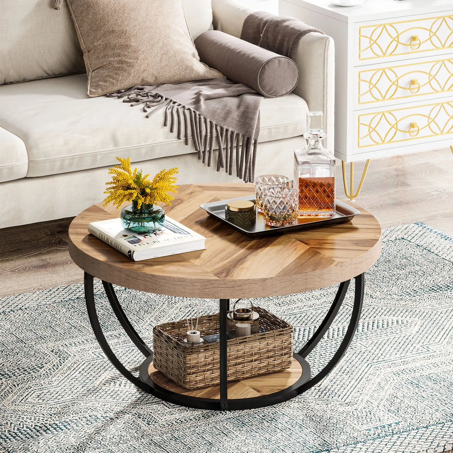Tribesigns round coffee table Ø 80 cm – 2-tiered industrial-style sofa table with wood look and metal frame