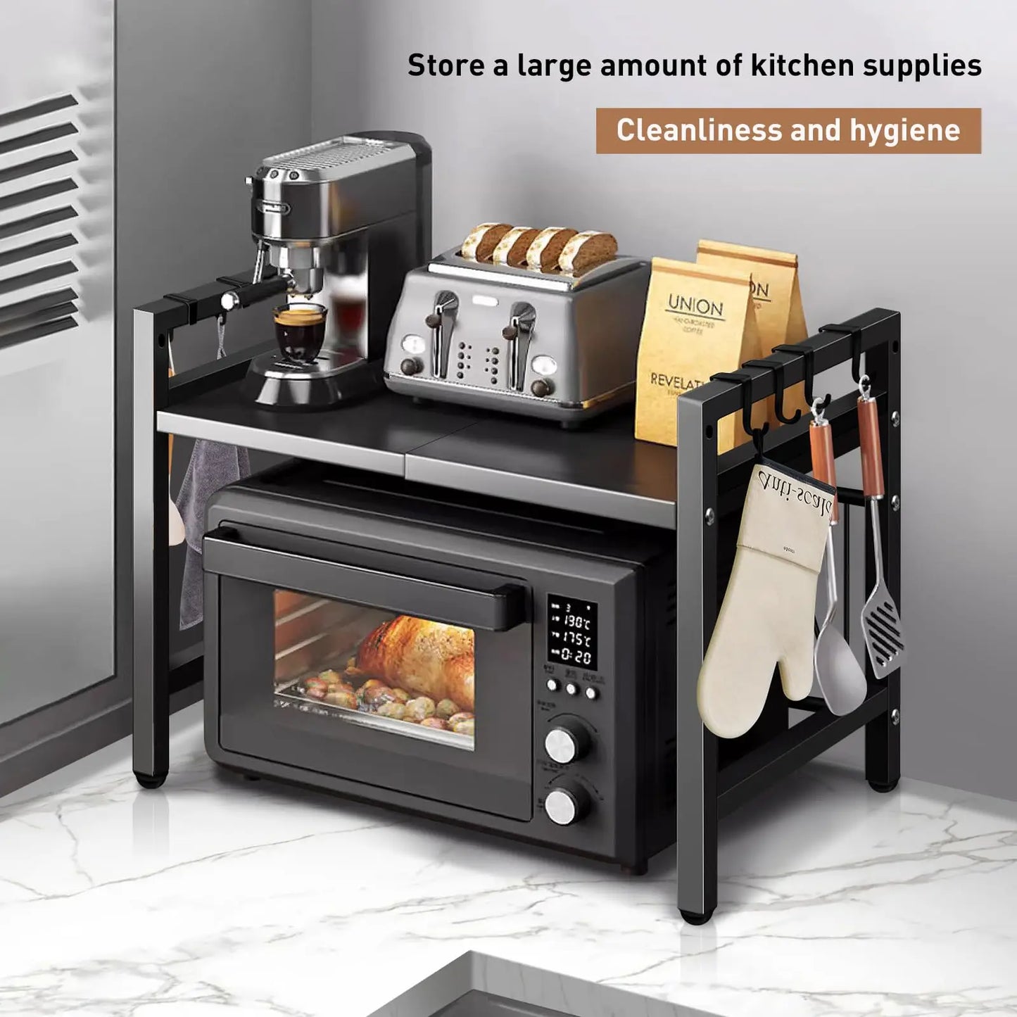 Support extensible pour micro-ondes 42-64 cm – Protection contre l'humidité et la rouille, organiseur de cuisine, noir