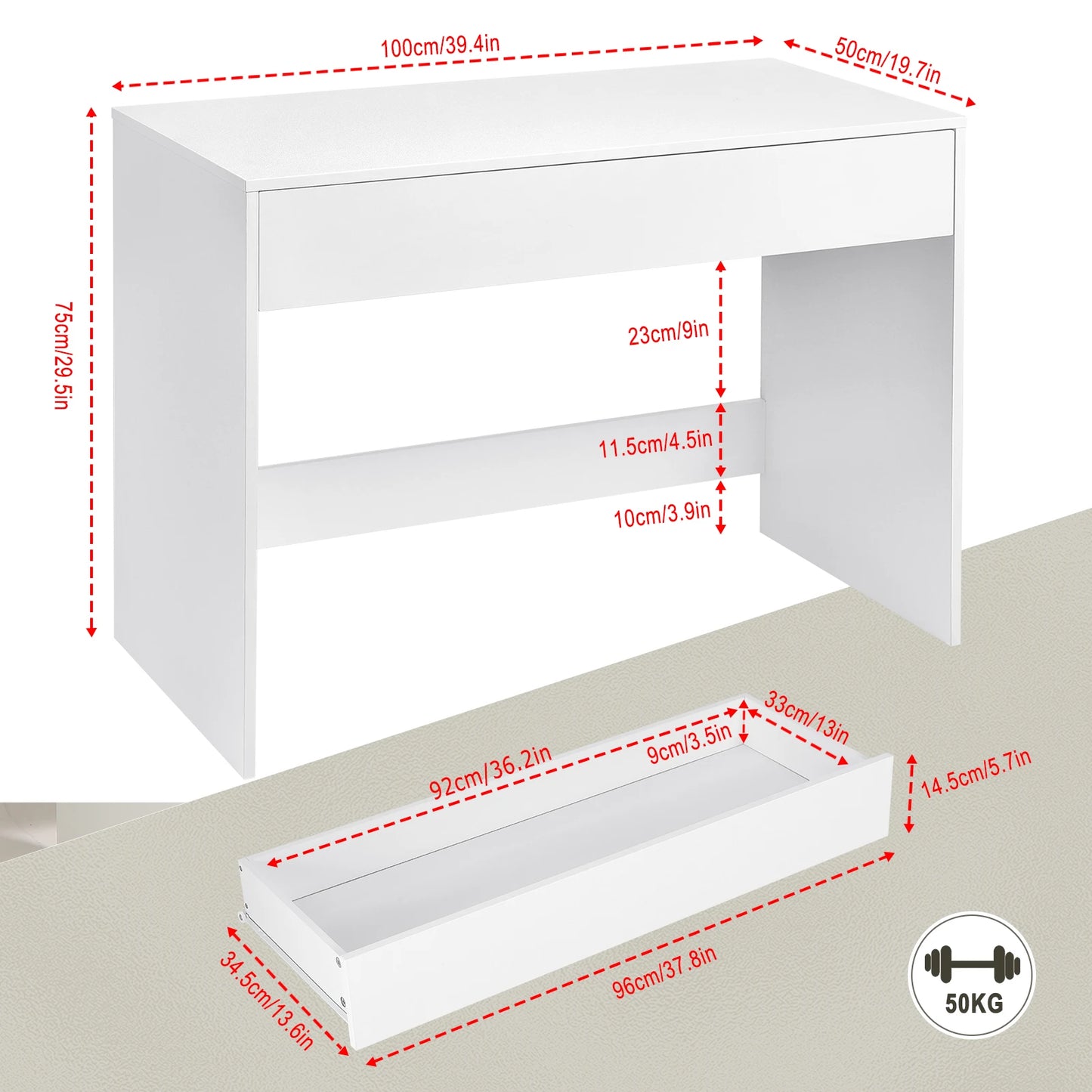 Weißer Computertisch mit 1 Schublade 100 x 50 x 75 cm Schreibtisch PC Laptop Tisch für Büro Wohnzimmer und Arbeitszimmer