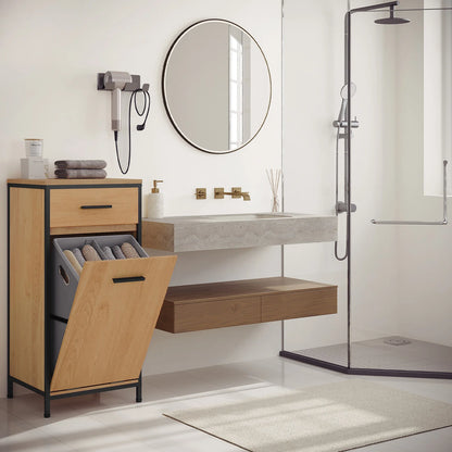 Meuble de salle de bain avec panier à linge et tiroirs, chêne/noir 80 cm
