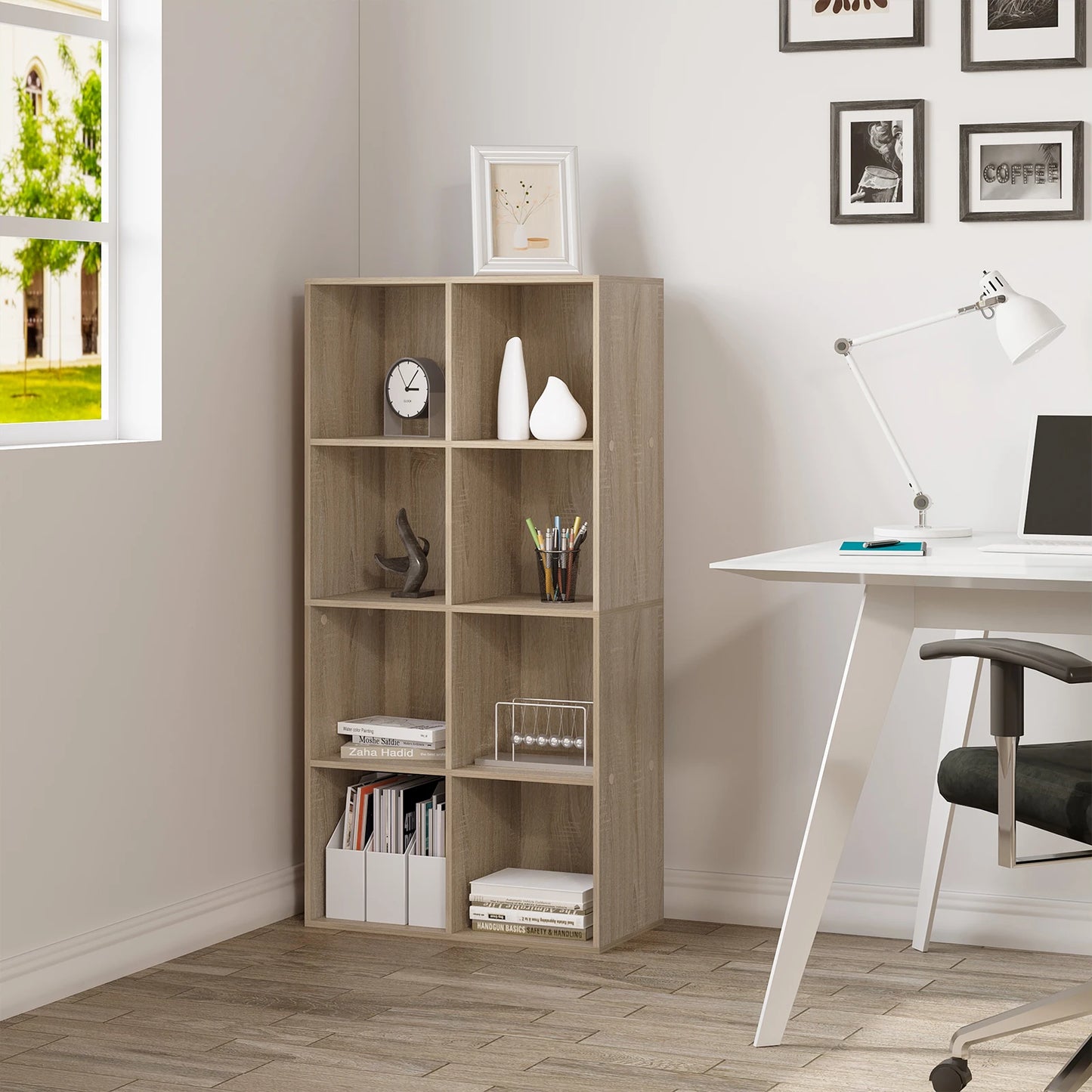 Bookcase with 8 compartments – freestanding &amp; modern – in white or oak