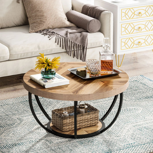 Tribesigns round coffee table Ø 80 cm – 2-tiered industrial-style sofa table with wood look and metal frame