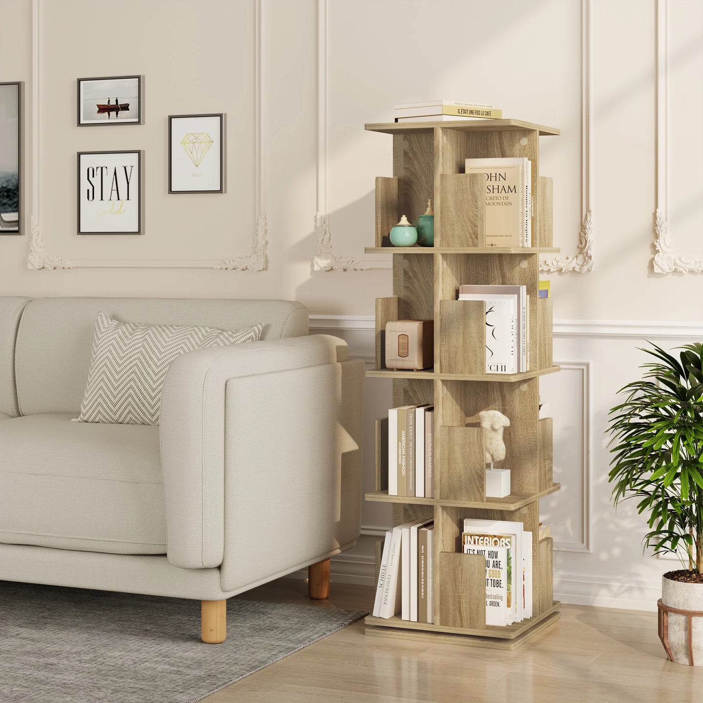 Bücherregal 4 Etagen 360° Drehbar MDF Regal mit 16 Fächern Standregal für Wohnzimmer Büro Arbeitszimmer