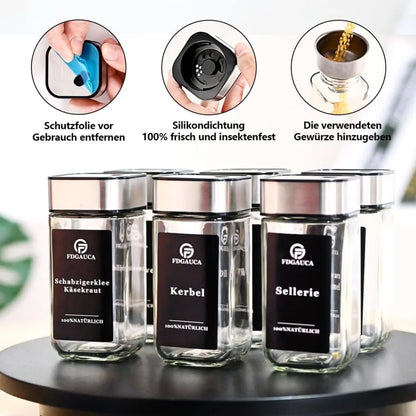 6/12/24er Set Gewürzgläser – 120ml mit 360° drehbarem Deckel, Etiketten & Zubehör | Aromafrisch & Luftdicht