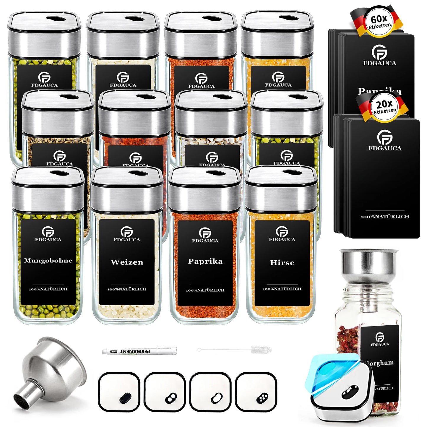6/12/24er Set Gewürzgläser – 120ml mit 360° drehbarem Deckel, Etiketten & Zubehör | Aromafrisch & Luftdicht