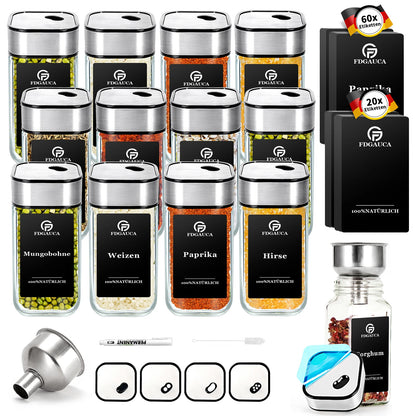 6/12/24er Set Gewürzgläser – 120ml mit 360° drehbarem Deckel, Etiketten & Zubehör | Aromafrisch & Luftdicht
