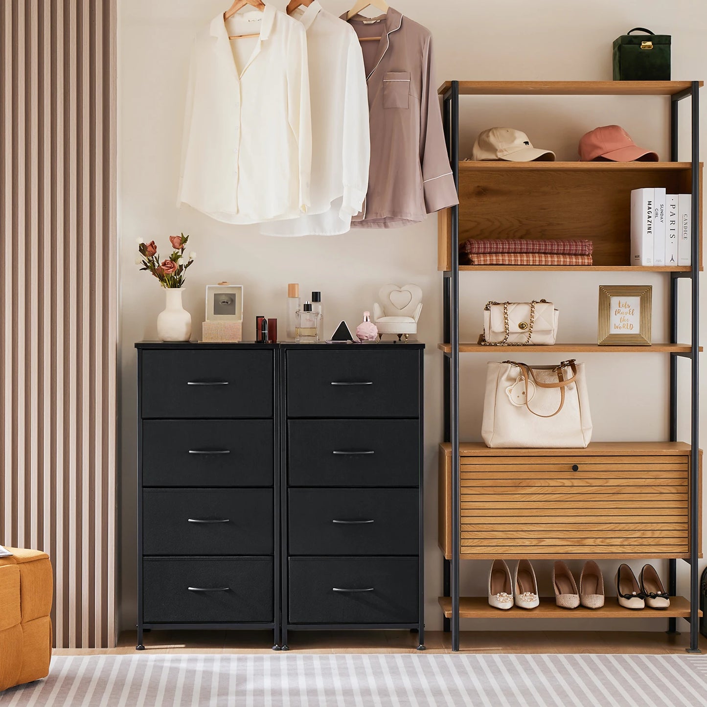 Meuble de salon JHK avec 4 tiroirs en tissu – structure en acier, peu encombrant et moderne
