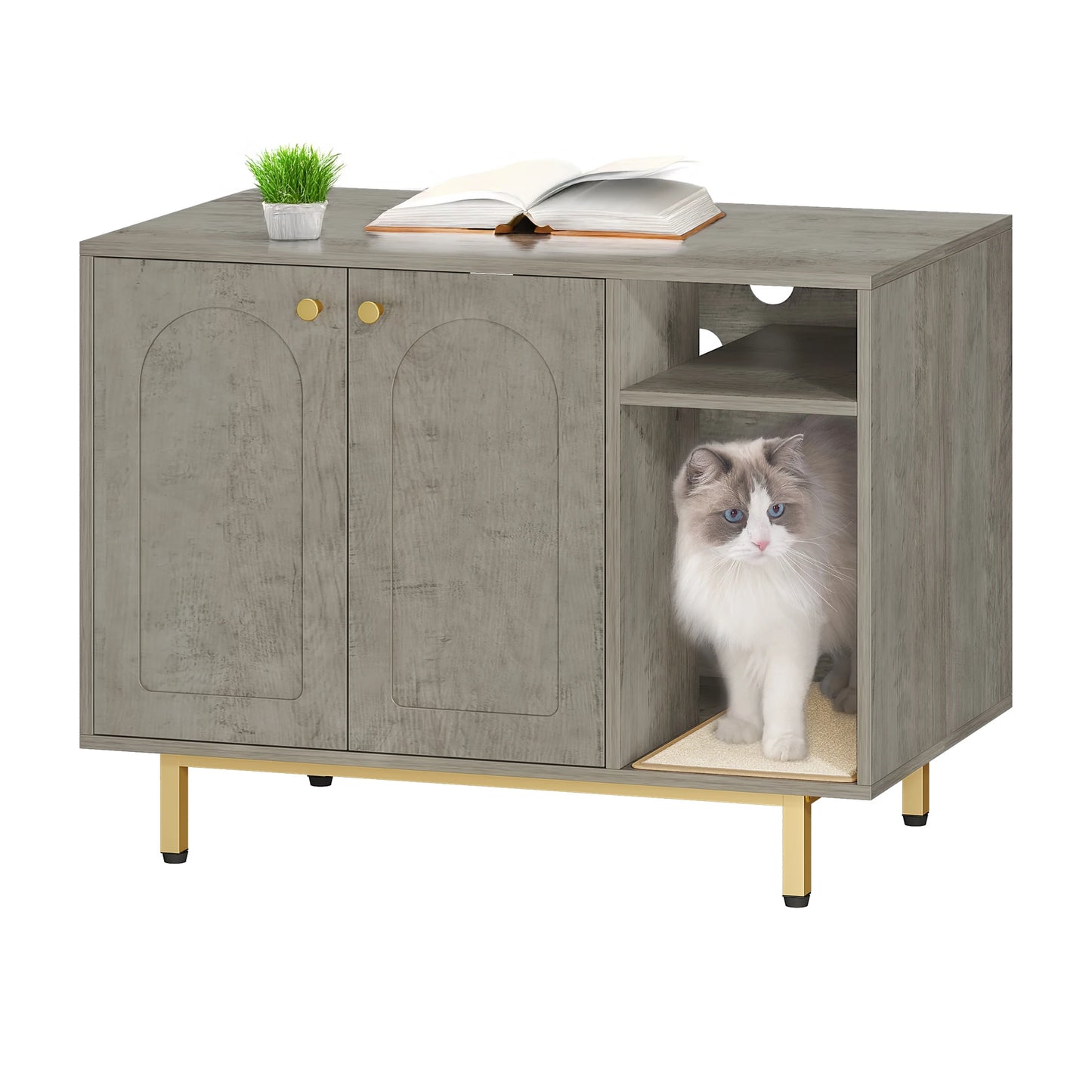 Bac à litière en bois pour chat – Maison cachée et table d'appoint – Blanc/Or – 80 × 50 × 61 cm