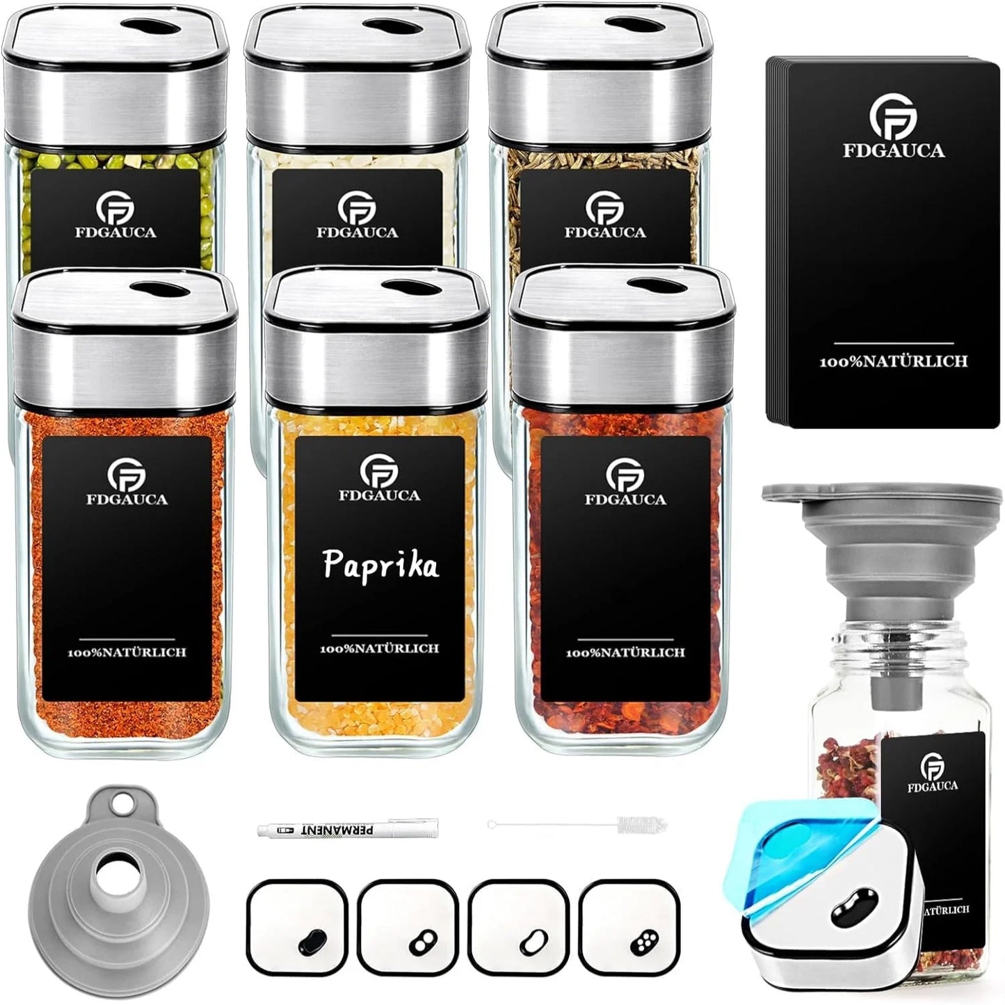 6/12/24er Set Gewürzgläser – 120ml mit 360° drehbarem Deckel, Etiketten & Zubehör | Aromafrisch & Luftdicht