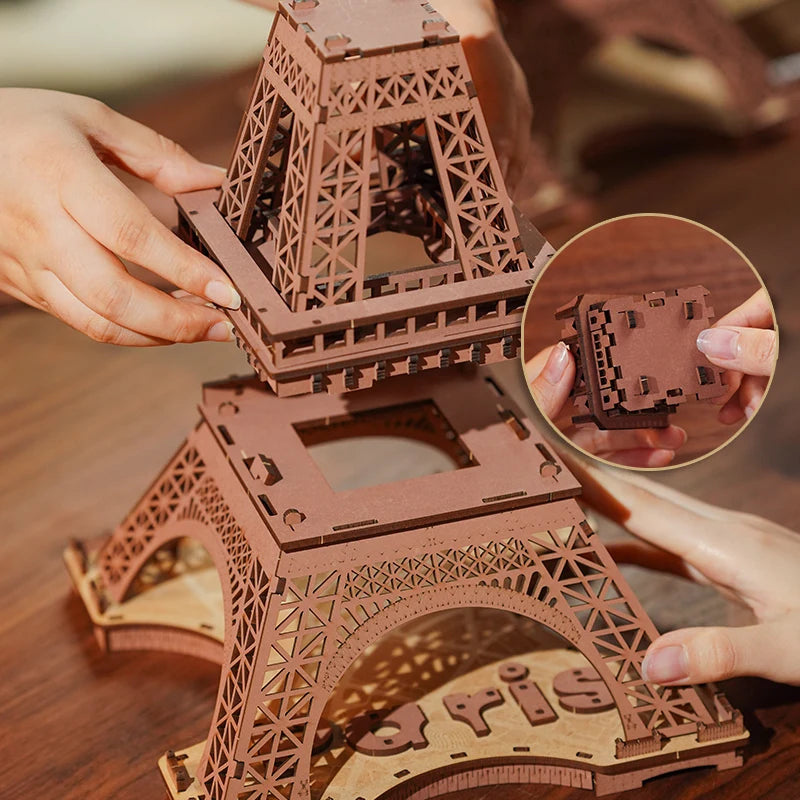 Robotime „Night of the Eiffel Tower“ – 3D Holzpuzzle mit Licht | Eiffelturm Modellbausatz 1:638 für Erwachsene & Kinder
