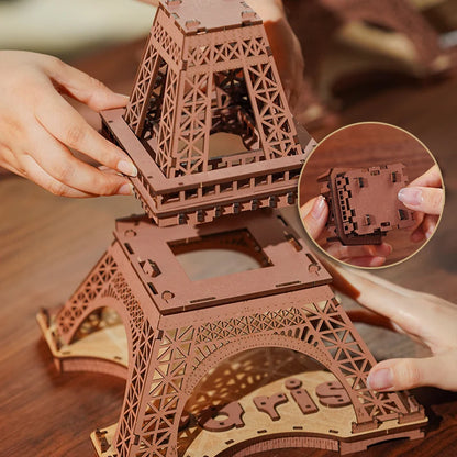 Robotime „Night of the Eiffel Tower“ – 3D Holzpuzzle mit Licht | Eiffelturm Modellbausatz 1:638 für Erwachsene & Kinder