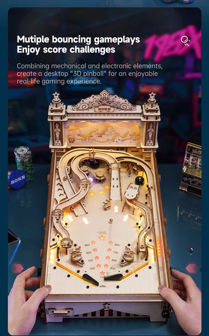 Robotime ROKR 3D Flipperautomat aus Holz – DIY Pinball-Spiel im Vintage-Stil | Bausatz für Kinder & Erwachsene