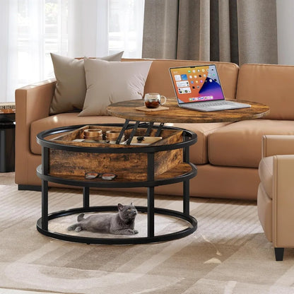 Runder Couchtisch mit Liftfunktion & Stauraum – Multifunktionaler Wohnzimmertisch mit verstecktem Fach, 80 cm, Braun