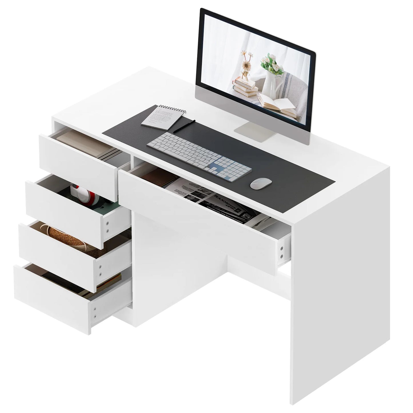 Weißer Computertisch mit 5 Schubladen 120 x 55 cm Schreibtisch Bürotisch Schminktisch ohne Spiegel