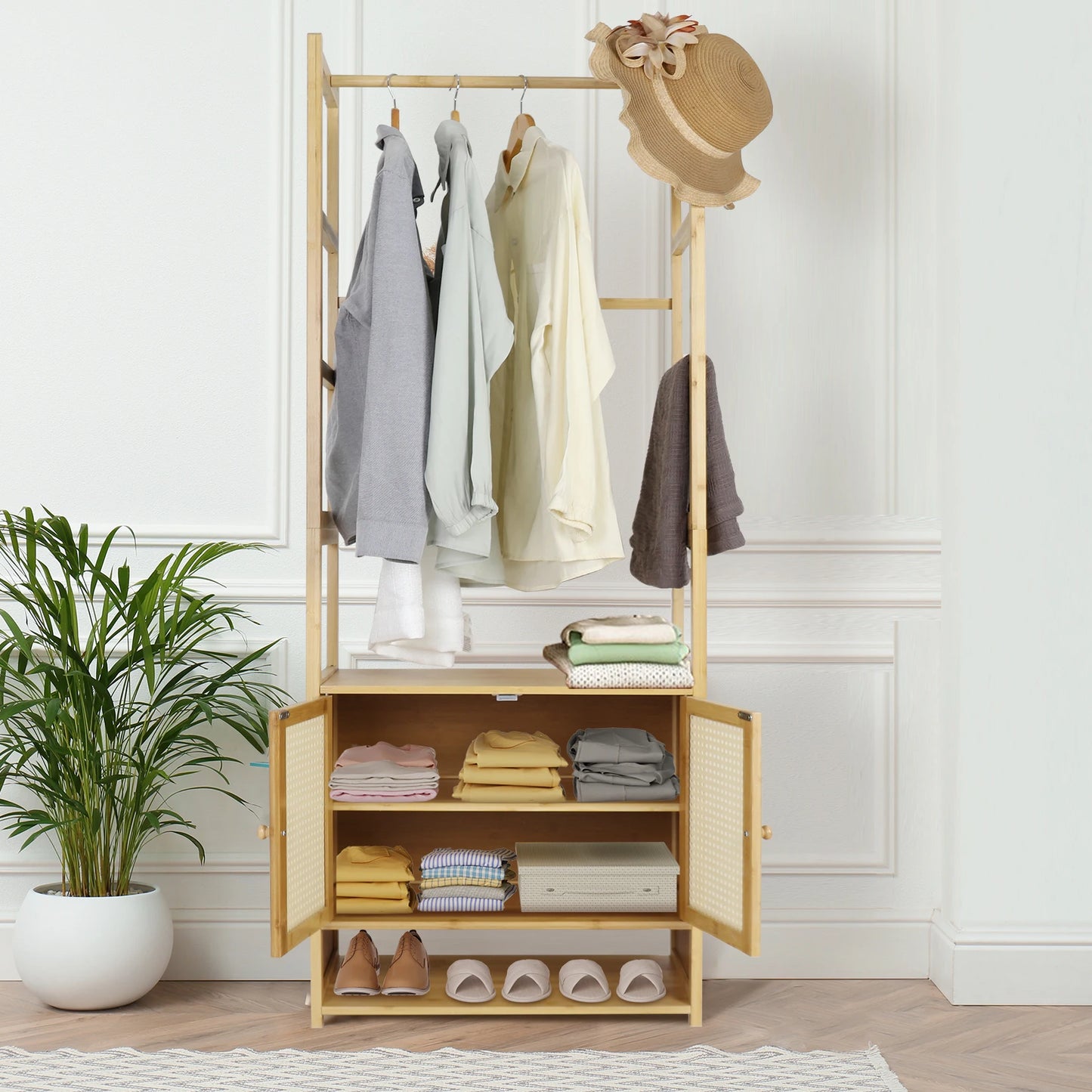 Kleiderständer aus Bambus mit Schrank & Regal – freistehend, modern & platzsparend