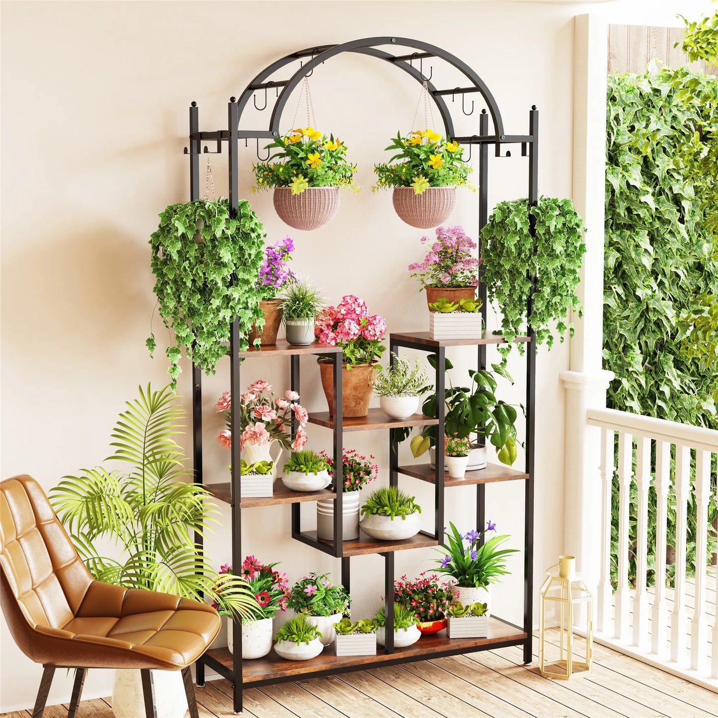 Grand support à plantes 5 niveaux en métal et bois, 190 cm, intérieur et jardin, vintage