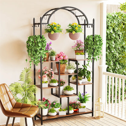 Grand support à plantes 5 niveaux en métal et bois, 190 cm, intérieur et jardin, vintage