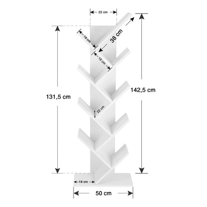 VASAGLE Tree-Shaped Bookshelf – 8 Tiers, White Wooden Shelf, Space-Saving &amp; Modern