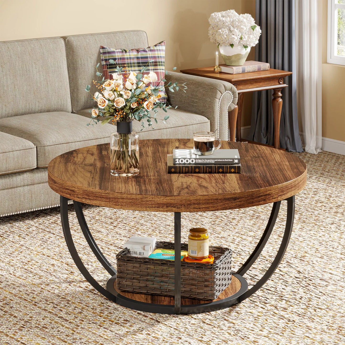 Tribesigns round coffee table Ø 80 cm – 2-tiered industrial-style sofa table with wood look and metal frame