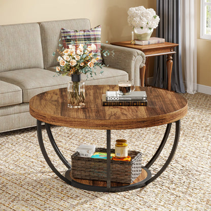 Tribesigns round coffee table Ø 80 cm – 2-tiered industrial-style sofa table with wood look and metal frame