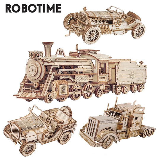 Robotime ROKR 3D Holzpuzzle Fahrzeuge – Dampfzug, Jeep, Truck & Rennwagen zum Selbstbauen