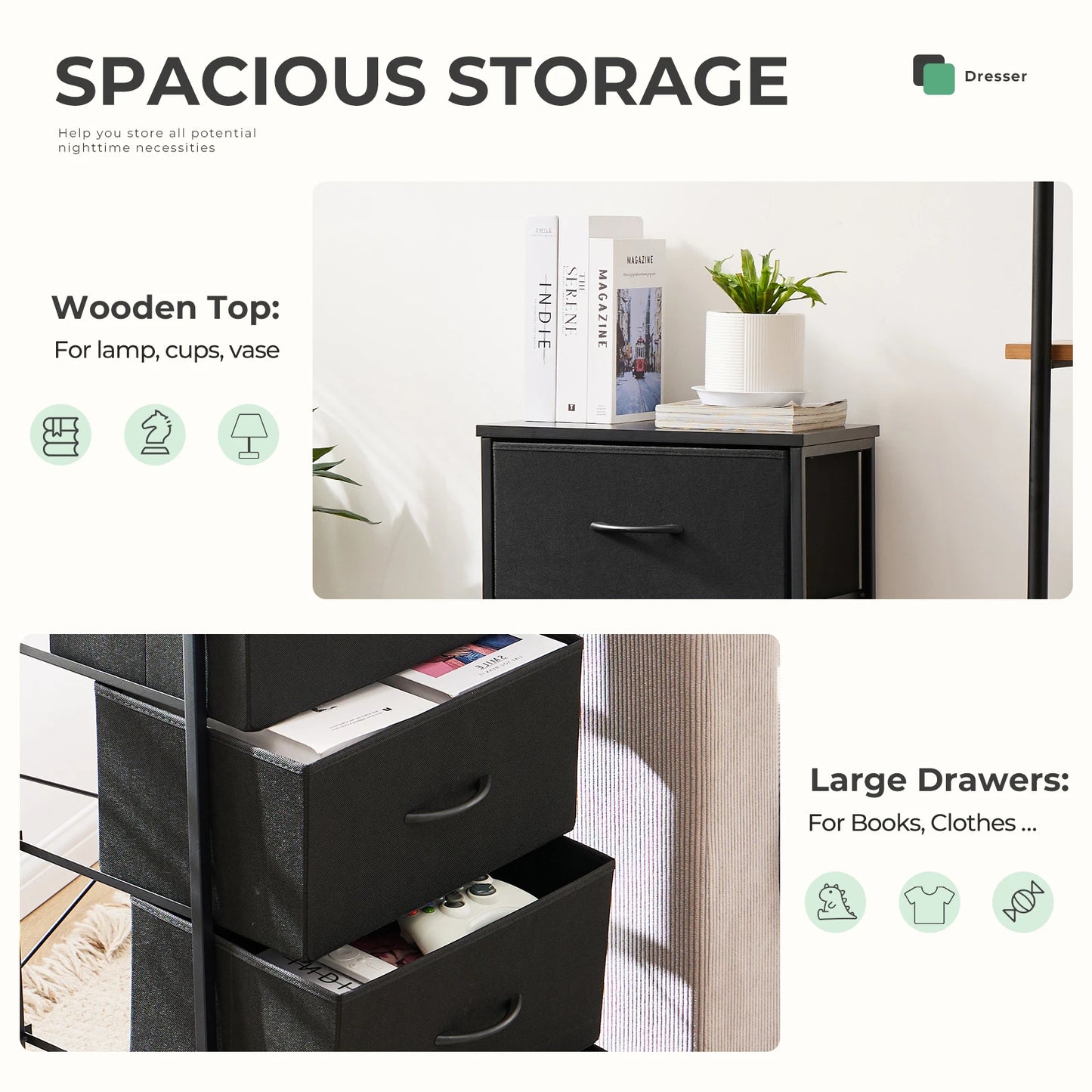 Meuble de salon JHK avec 4 tiroirs en tissu – structure en acier, peu encombrant et moderne