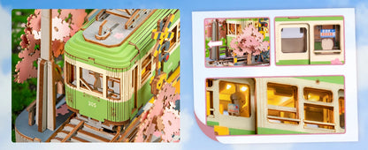 Robotime 3D Holzpuzzle Sakura Journey – Straßenbahn mit LED | DIY Modellbausatz für Kinder & Erwachsene