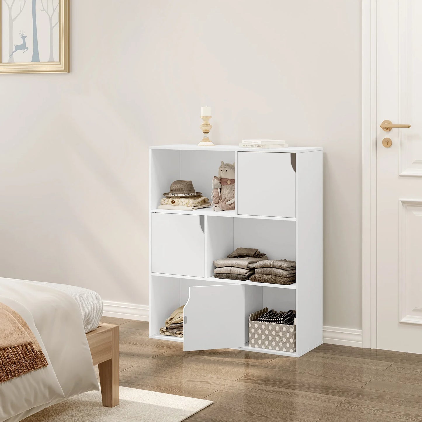 Bücherregal Weiß Eiche 80 x 96 x 30 cm Regal mit 6 Würfeln Skandinavisches Aufbewahrungsregal für Wohnzimmer Büro Arbeitszimmer