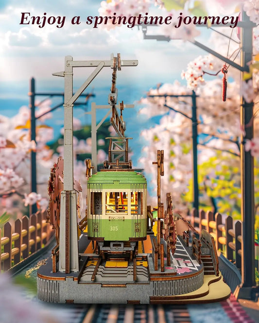 Robotime 3D Holzpuzzle Sakura Journey – Straßenbahn mit LED | DIY Modellbausatz für Kinder & Erwachsene