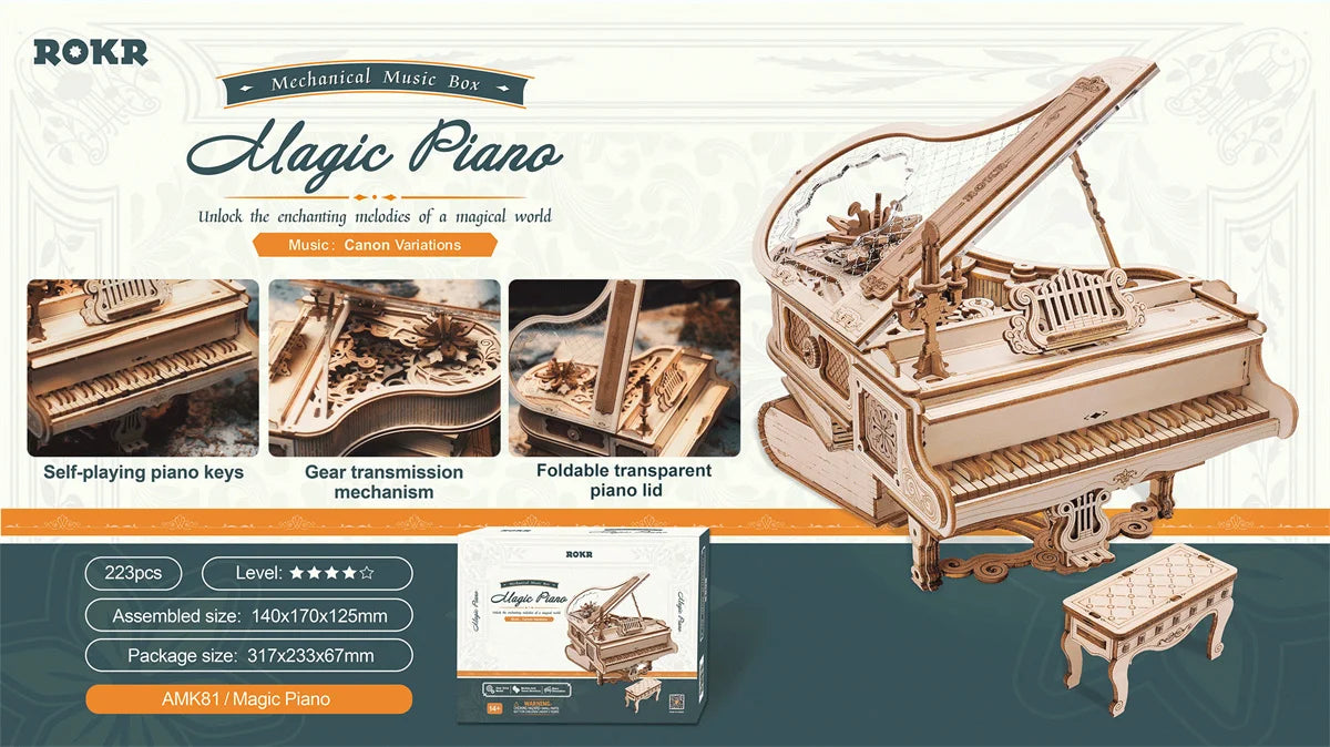 Robotime ROKR Spieluhr Holzpuzzle – Magic Piano & Magic Cello 3D Modellbausatz zum Basteln & Verschenken