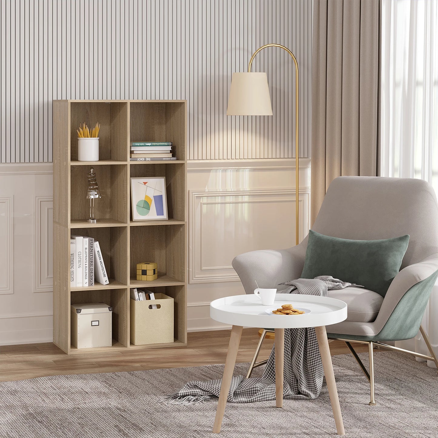 Bookcase with 8 compartments – freestanding &amp; modern – in white or oak