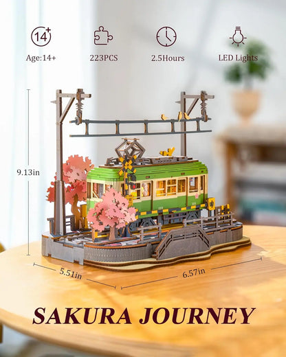 Robotime 3D Holzpuzzle Sakura Journey – Straßenbahn mit LED | DIY Modellbausatz für Kinder & Erwachsene
